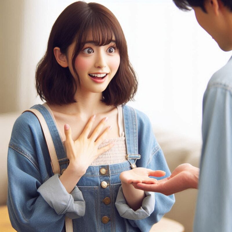 男性が物を受け渡す時に手が触れて驚く女子画像５