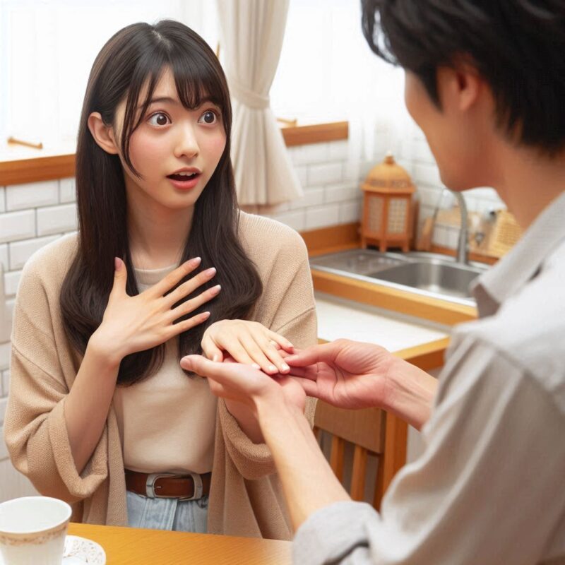 男性が物を受け渡す時に手が触れて驚く女子画像１