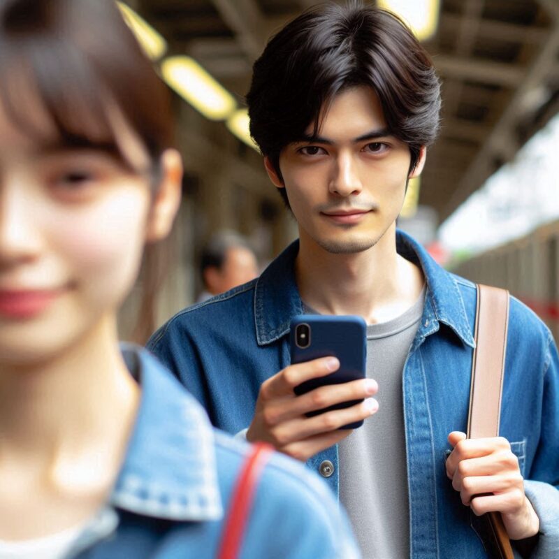 女性をスマホで隠し撮りをする男性画像３