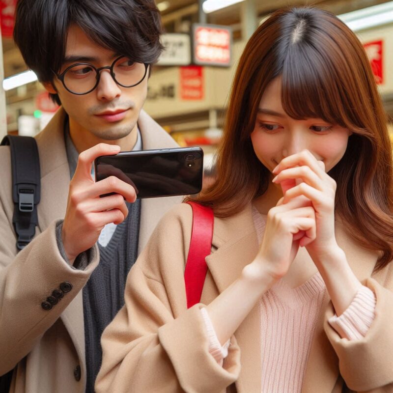 女性をスマホで隠し撮りをする男性画像１