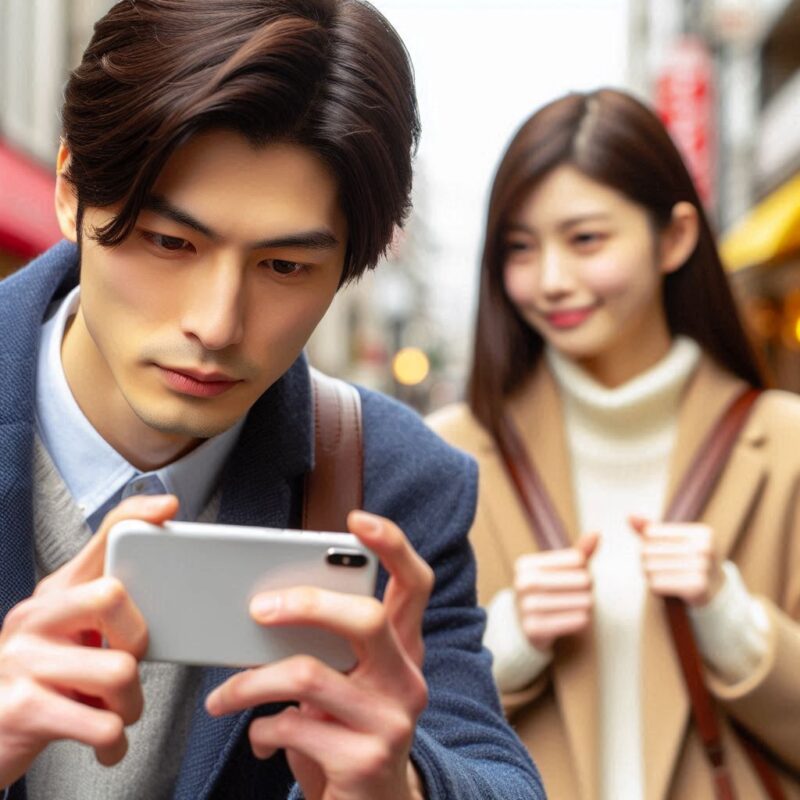 女性をスマホで隠し撮りをする男性画像２