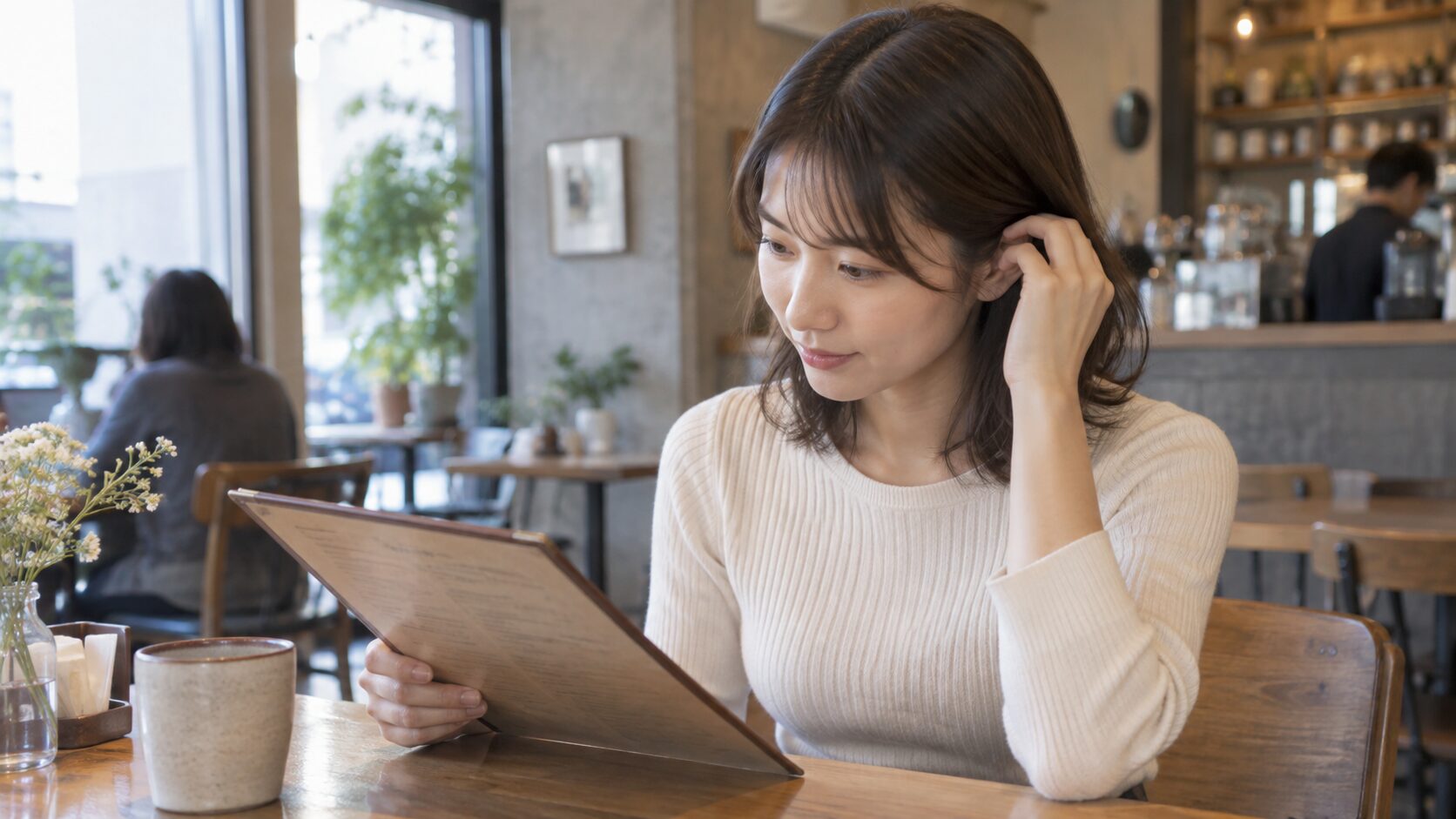 カフェでメニューを読みながら髪を耳にかける女性