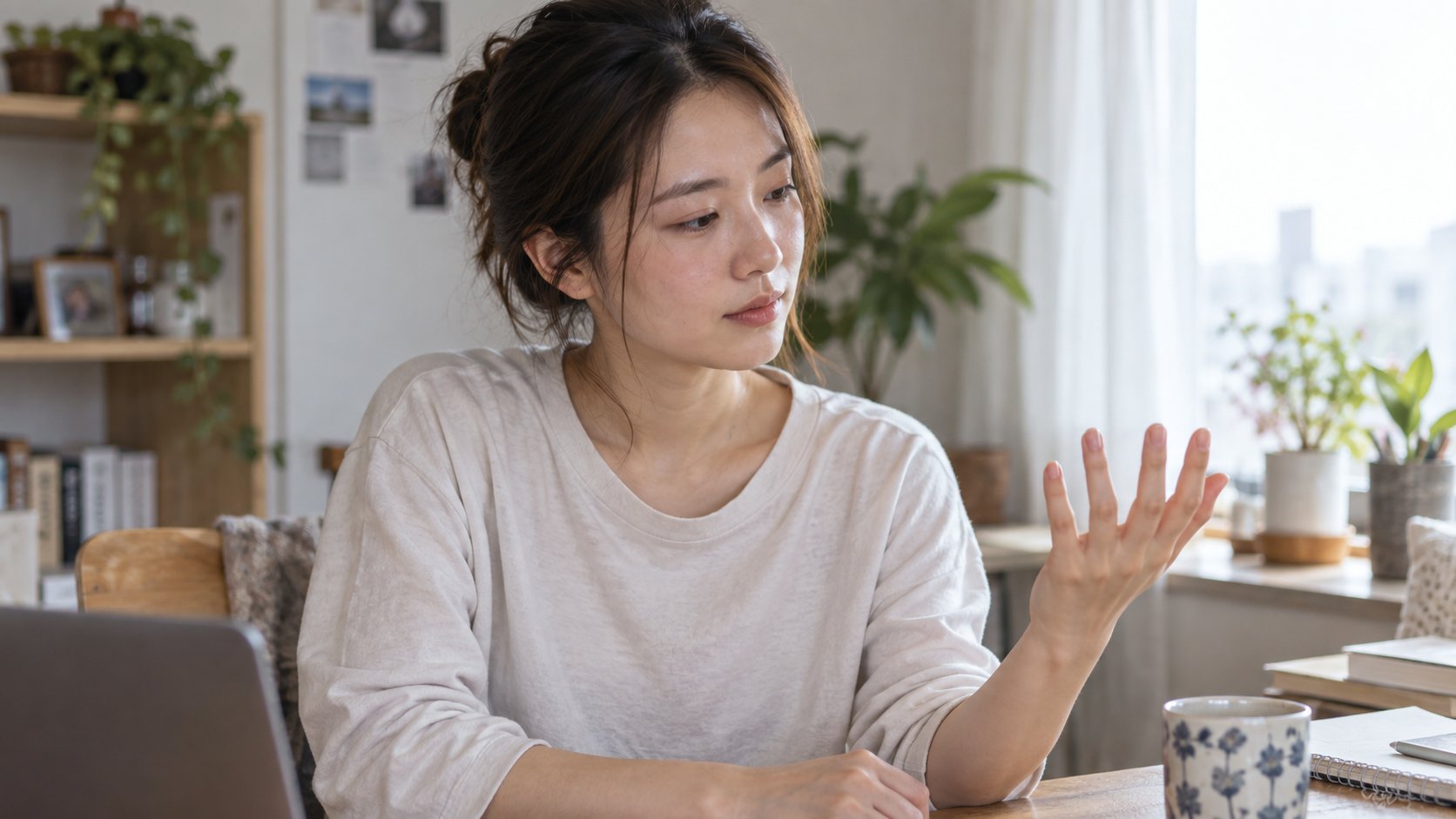自宅で自分の手を見つめる女性