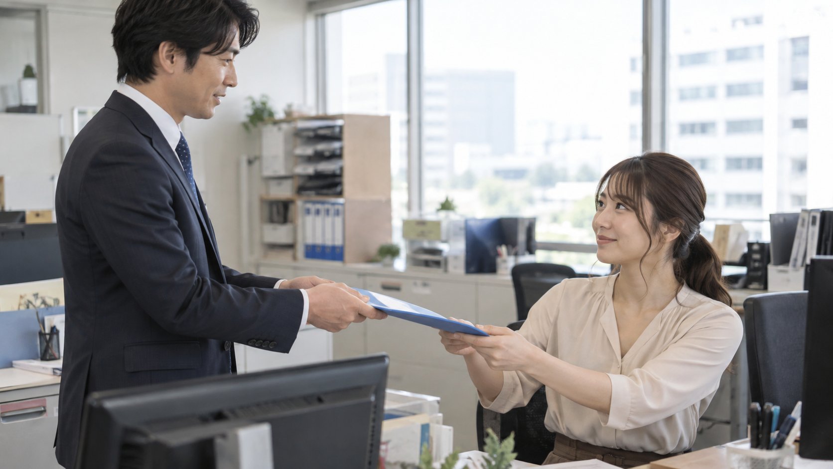 職場のデスクで書類を受け渡す男女