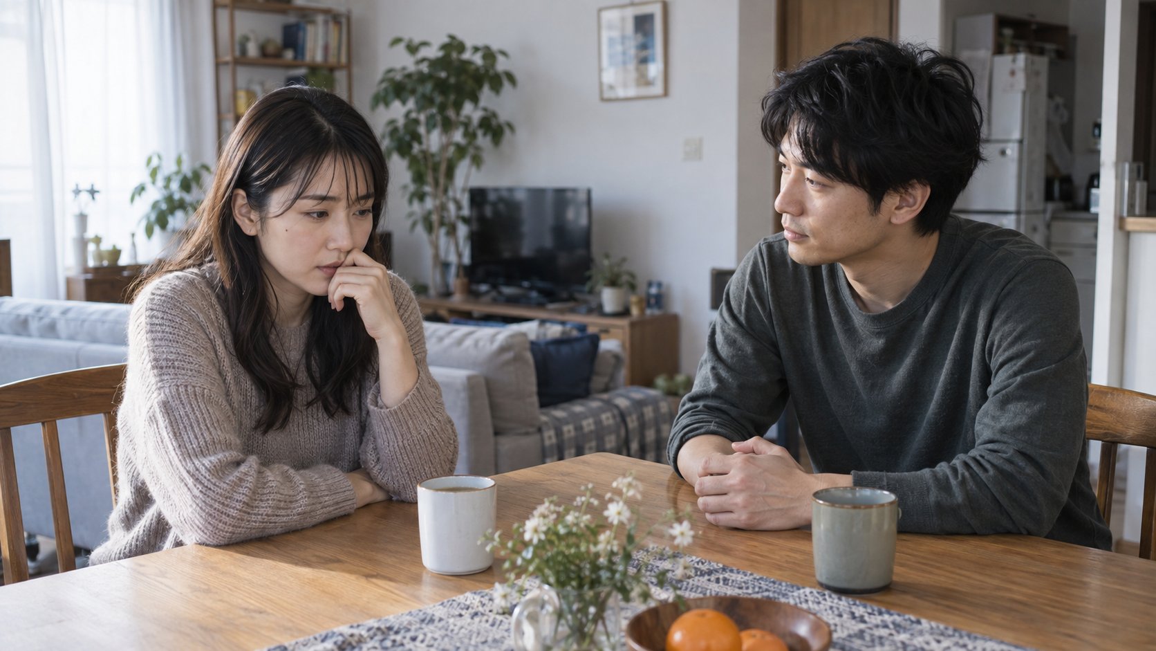 言葉を考える女性の話を静かに待つ男性