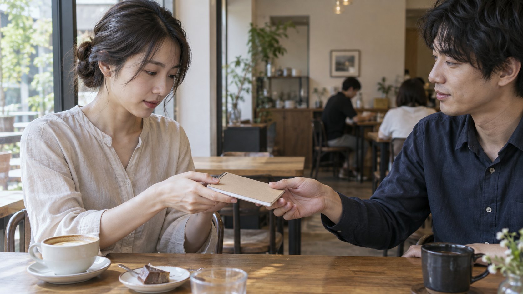 カフェのテーブルでノートを受け渡す男女