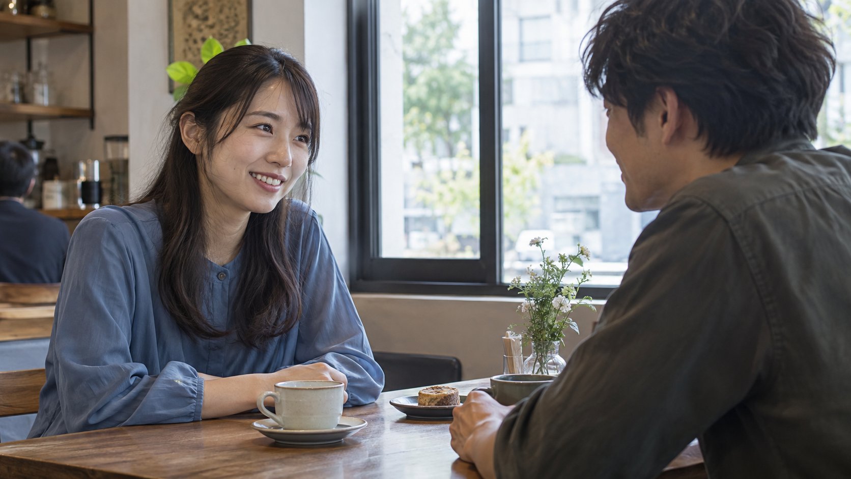 向かい合って穏やかに会話する男女