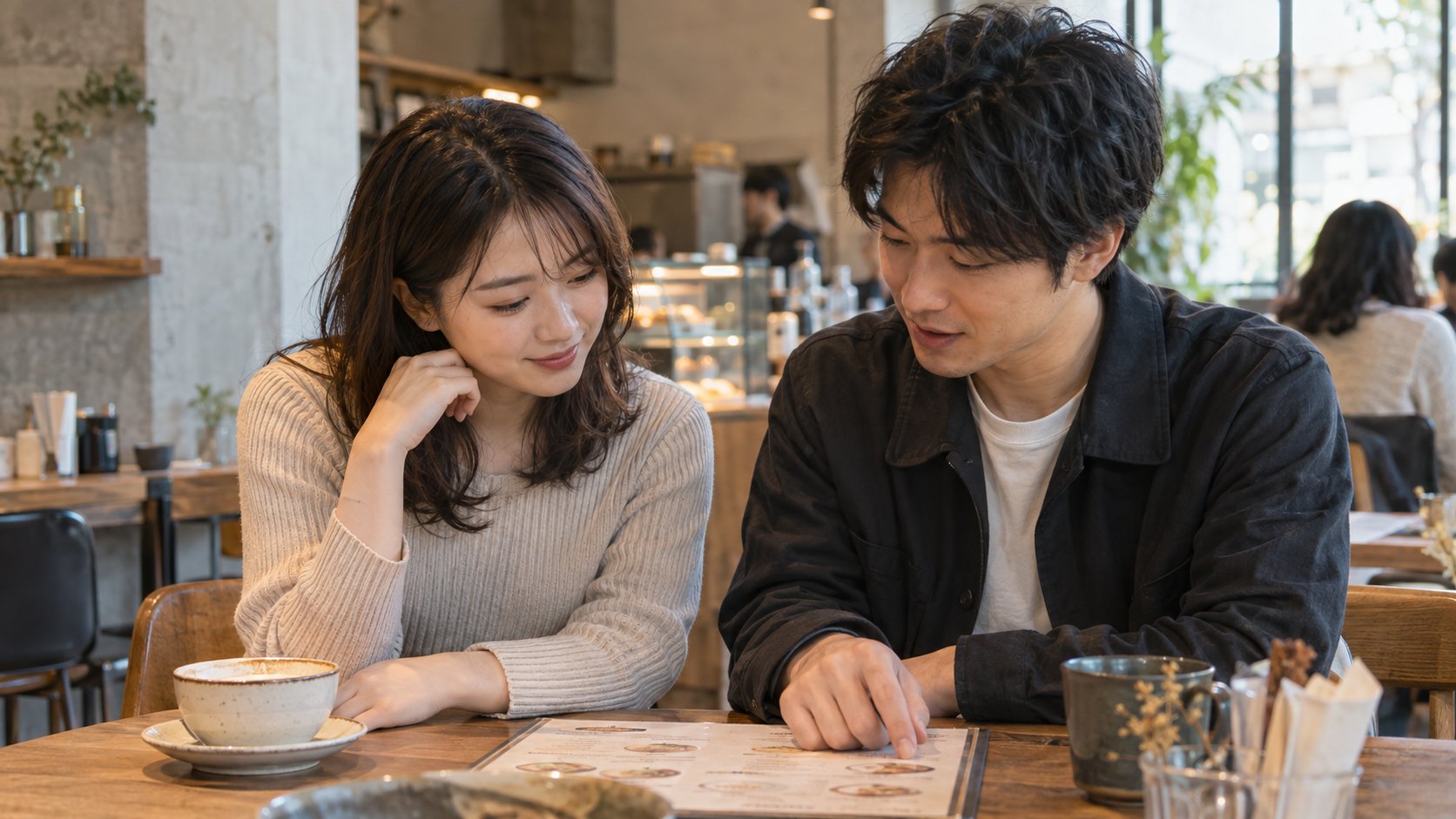 カフェでメニューを見ながら会話する男女