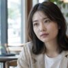 カフェで向かいの相手を静かに見つめる女性