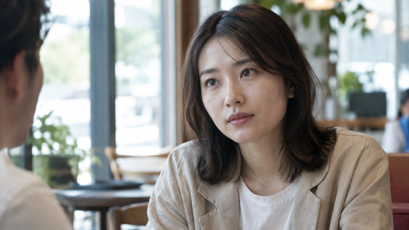 カフェで向かいの相手を静かに見つめる女性