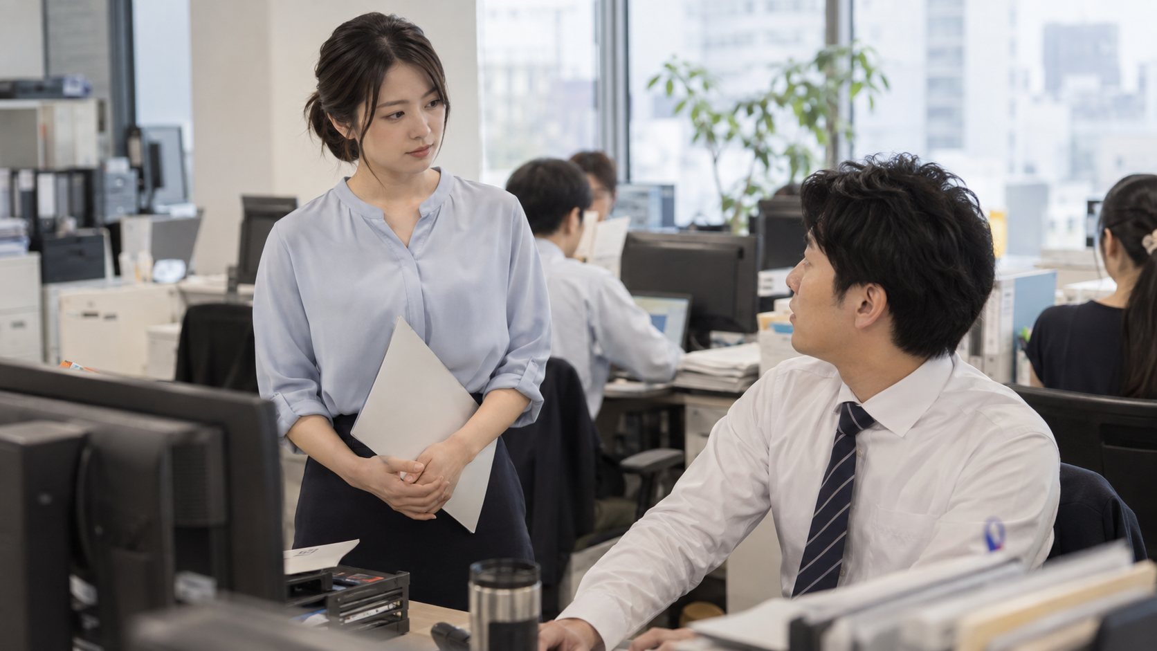 職場で資料を持ち、同僚の返答を待つ女性