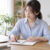 アクセサリーをつけず自宅の机で過ごす女性