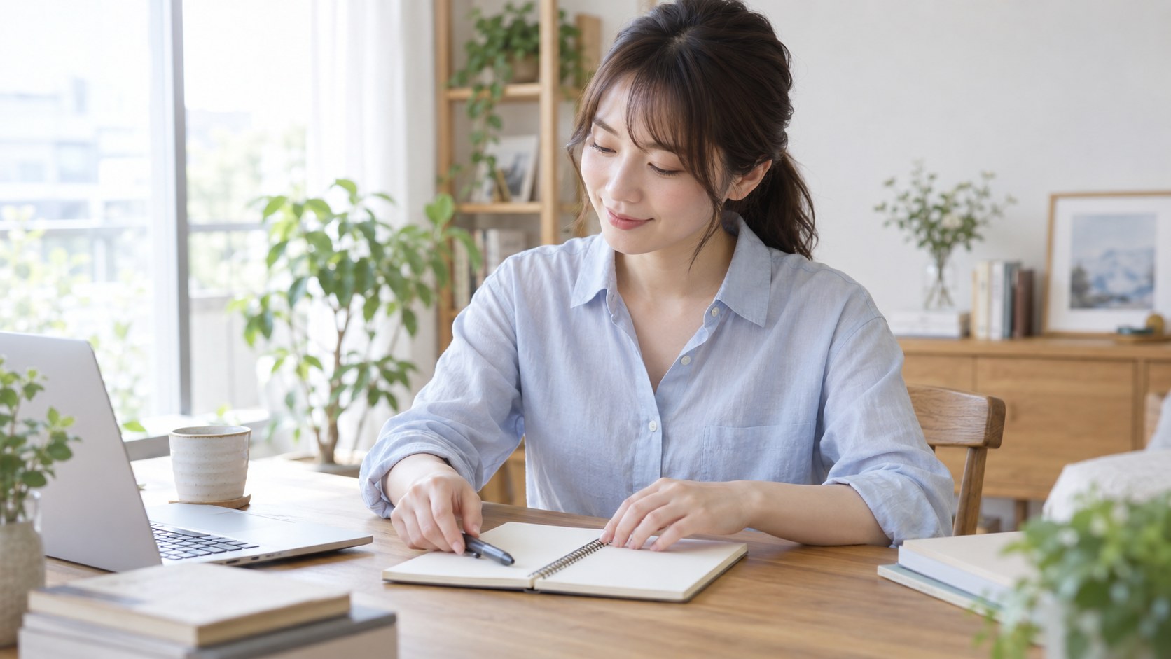 アクセサリーをつけず自宅の机で過ごす女性