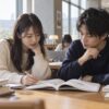 図書館で並んで勉強する成人の男女