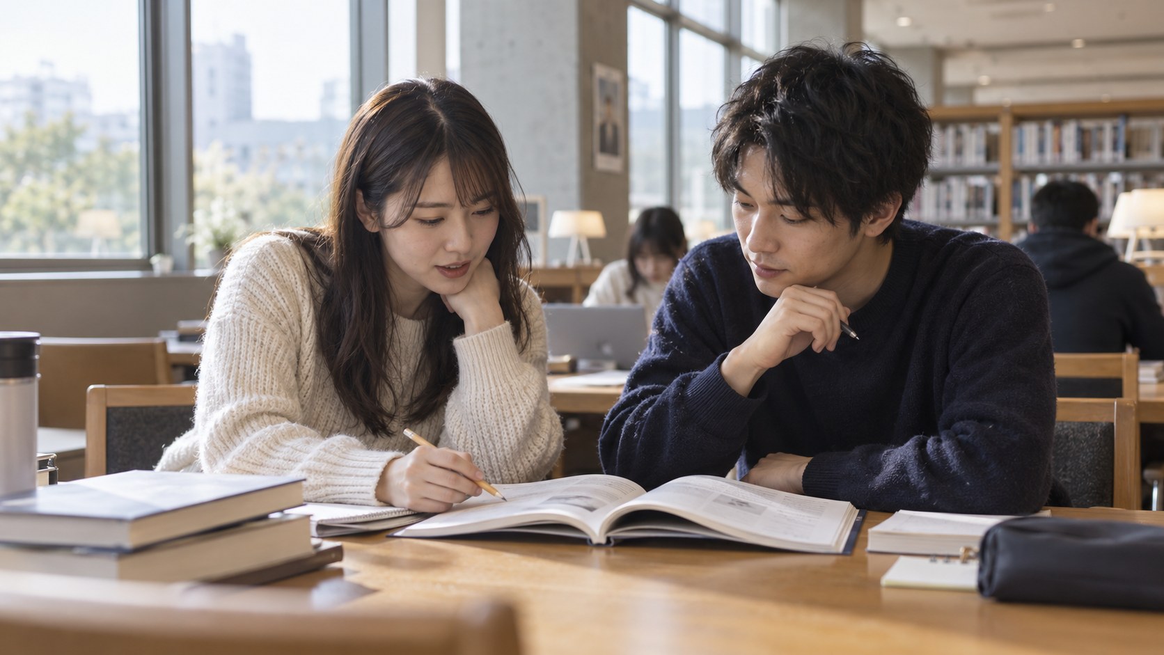 図書館で並んで勉強する成人の男女