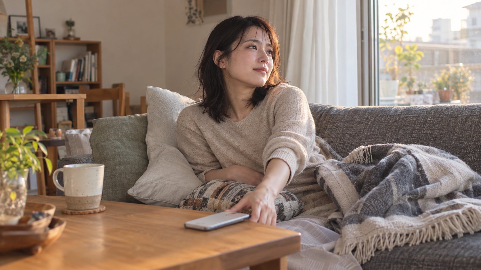 スマートフォンを置き、ソファでひと息つく女性