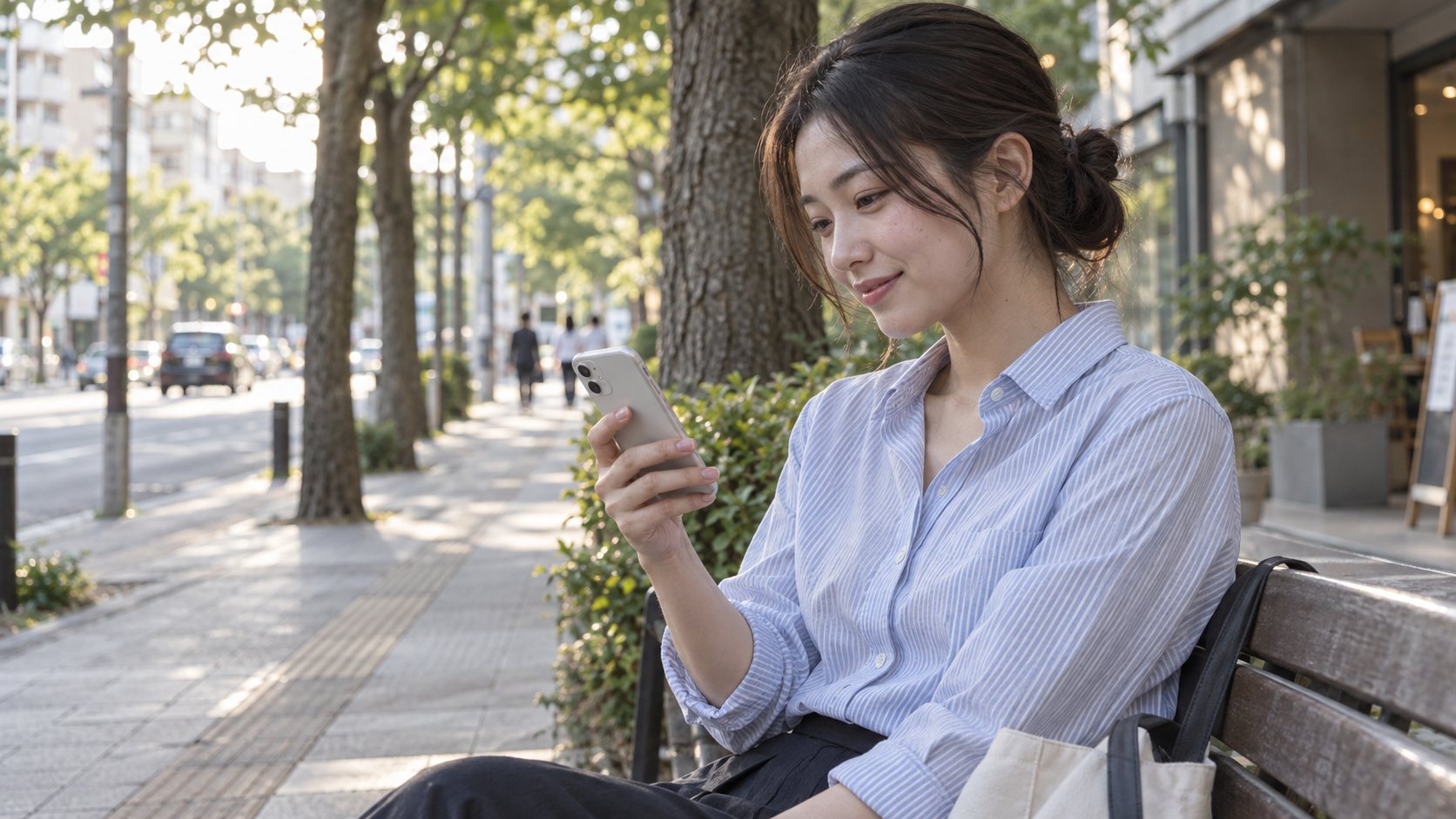 木陰のベンチでスマートフォンのメッセージを見る女性