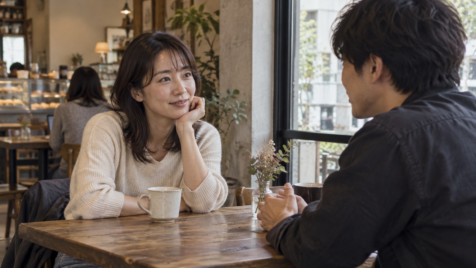 カフェで笑顔で気軽に話す男女