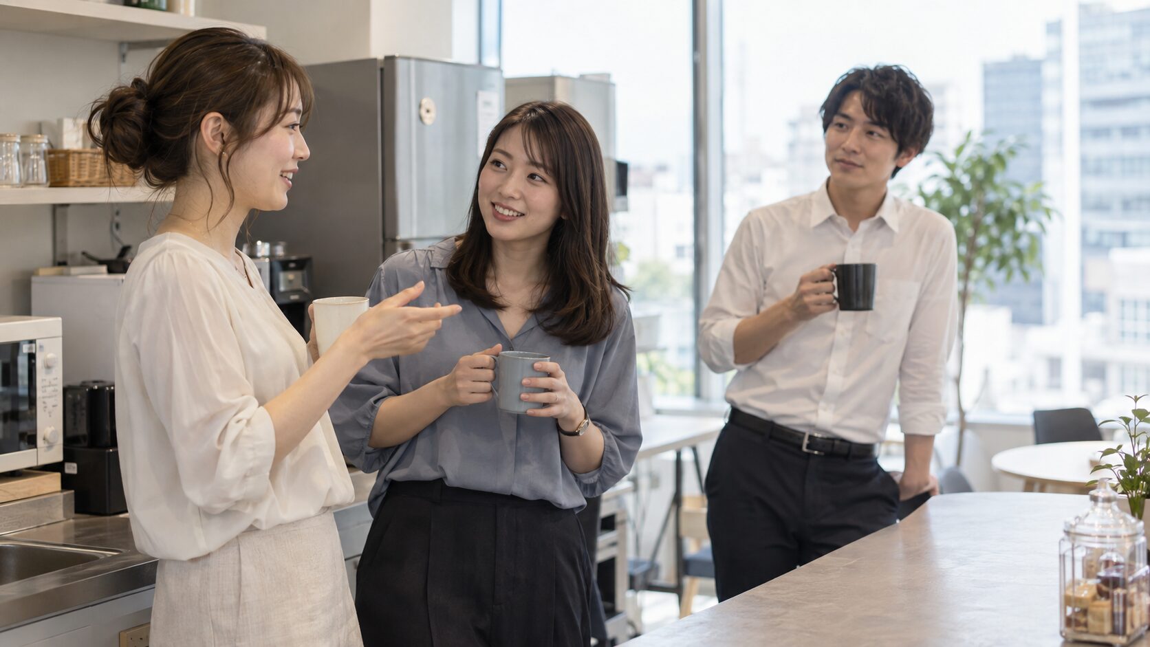 休憩スペースで距離を保ちながら会話する同僚たち
