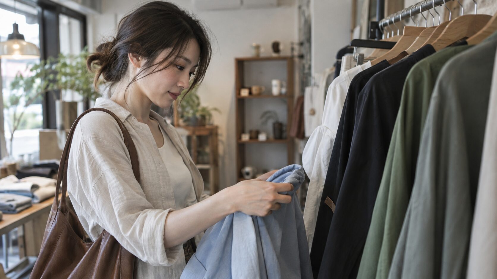 洋服店で色や素材を見ながらシャツを選ぶ女性