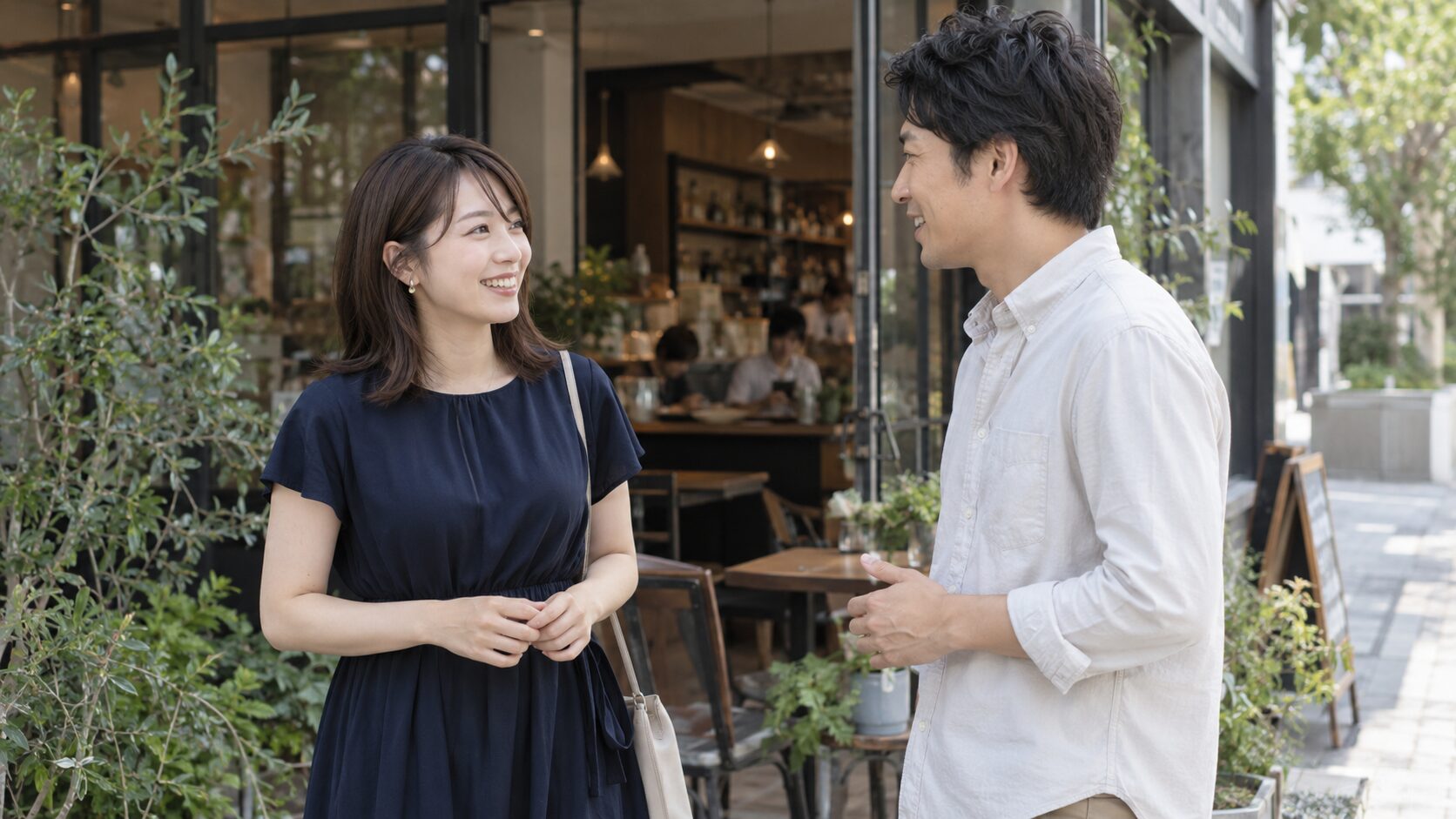 カフェの前で待ち合わせて笑顔で会話する男女