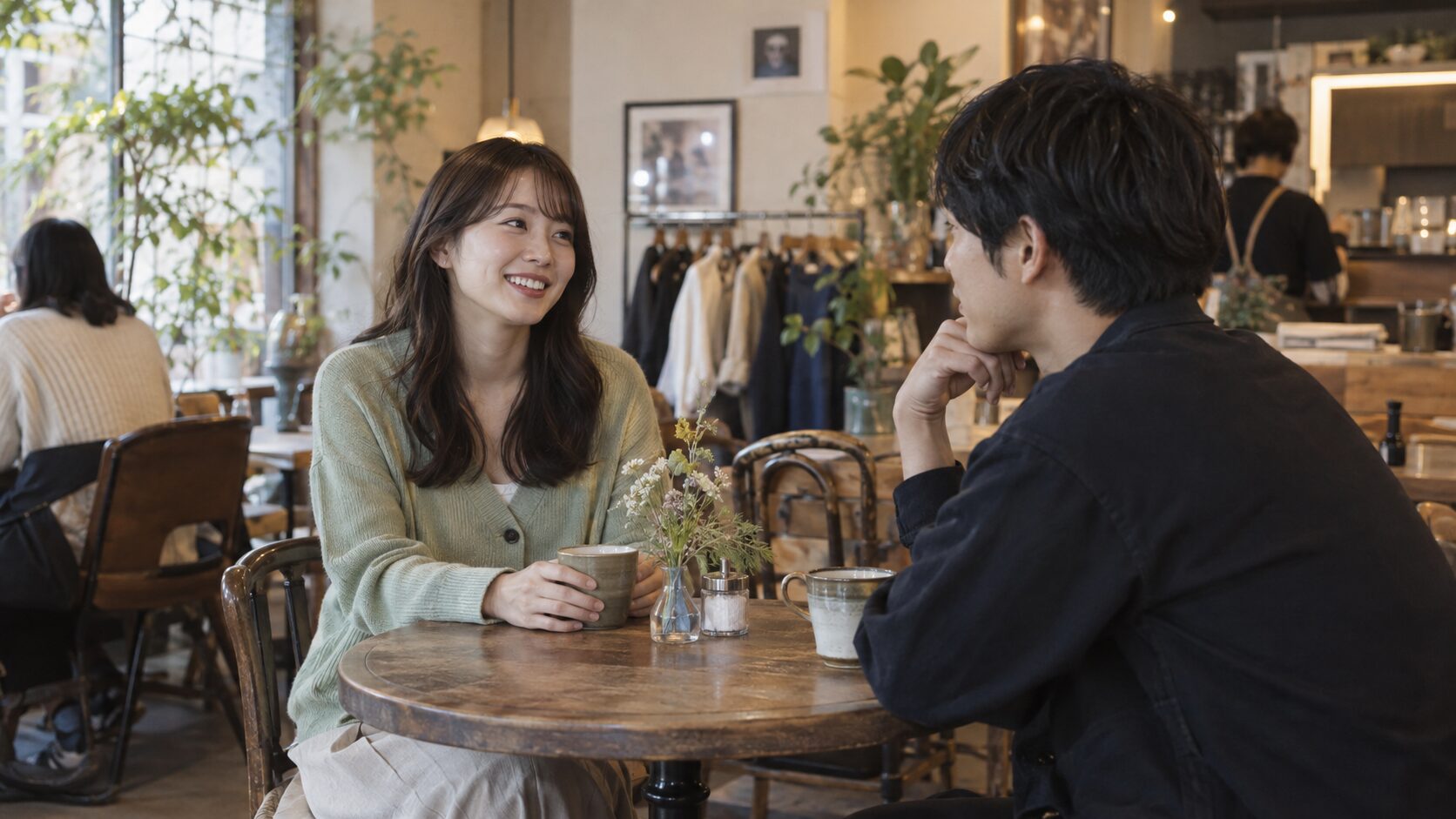カフェで穏やかに話しながら互いの話を聞く男女