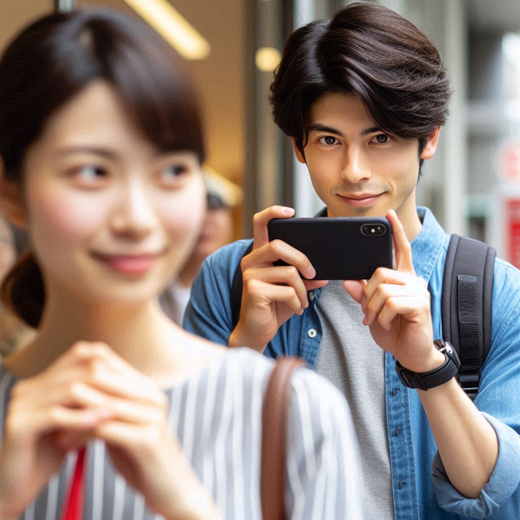 女性をスマホで隠し撮りをする男性画像