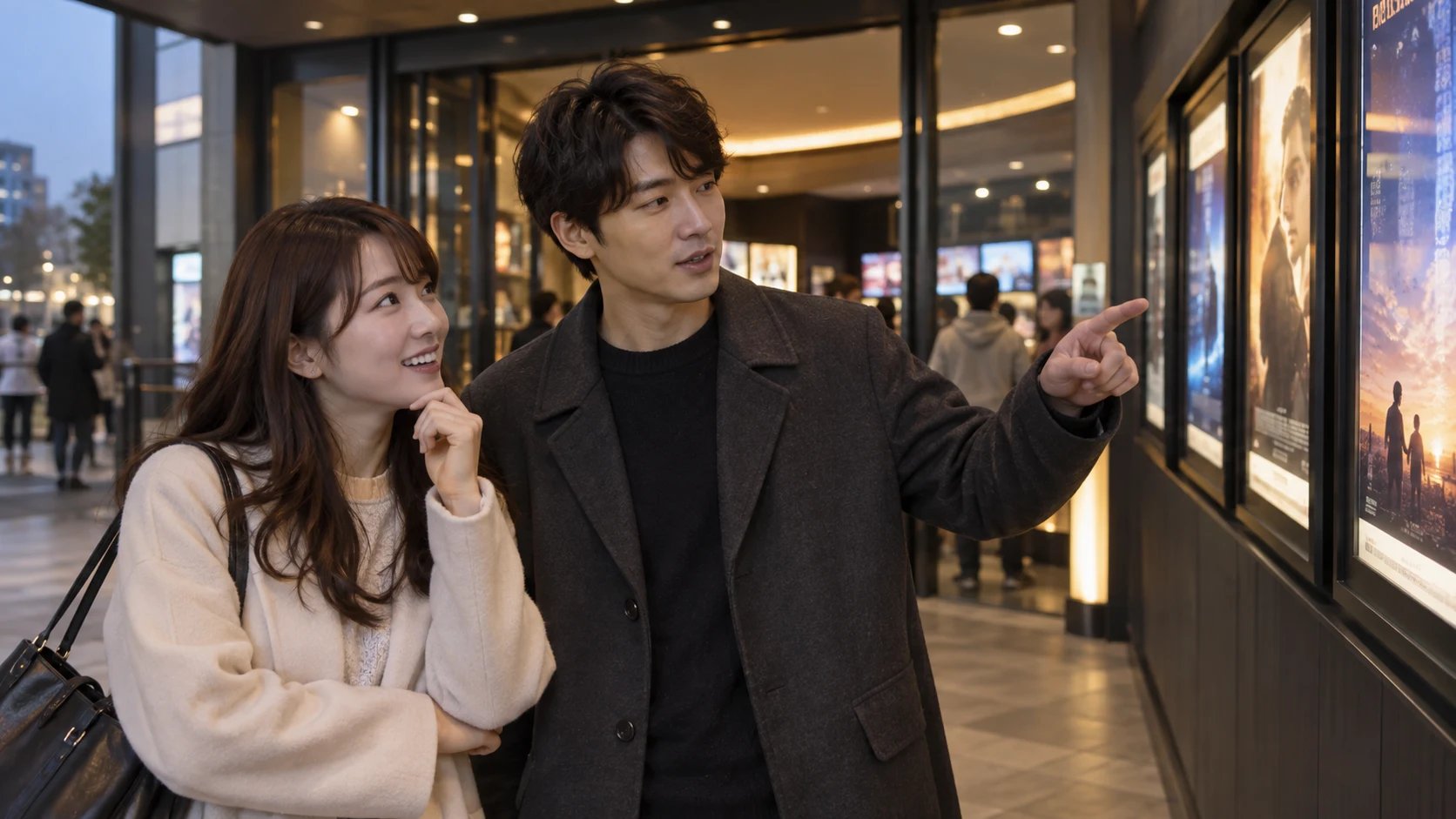 映画館の上映案内を見ながら相談する男女