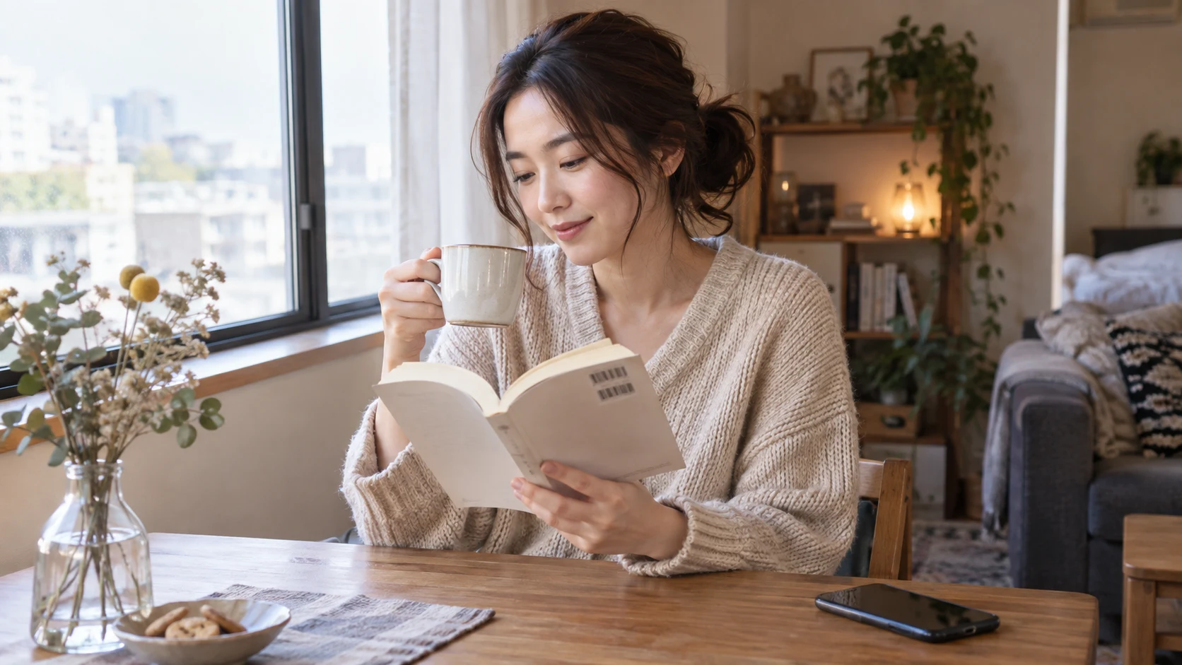スマートフォンを置いて読書とお茶を楽しむ女性