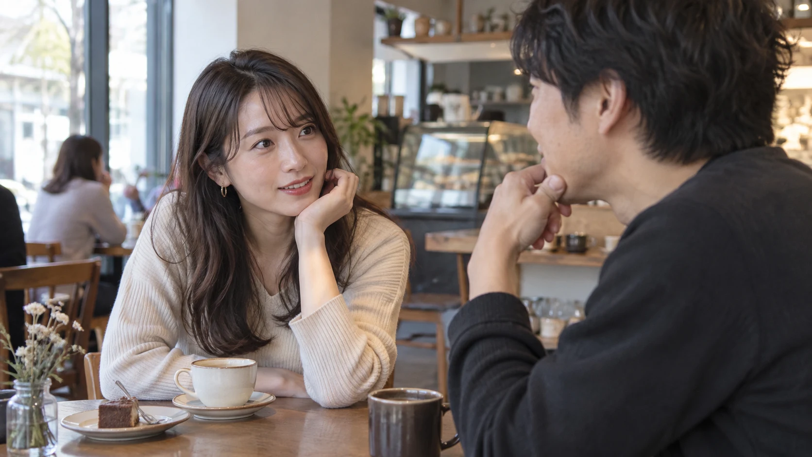 カフェで男性に質問しながら話す女性