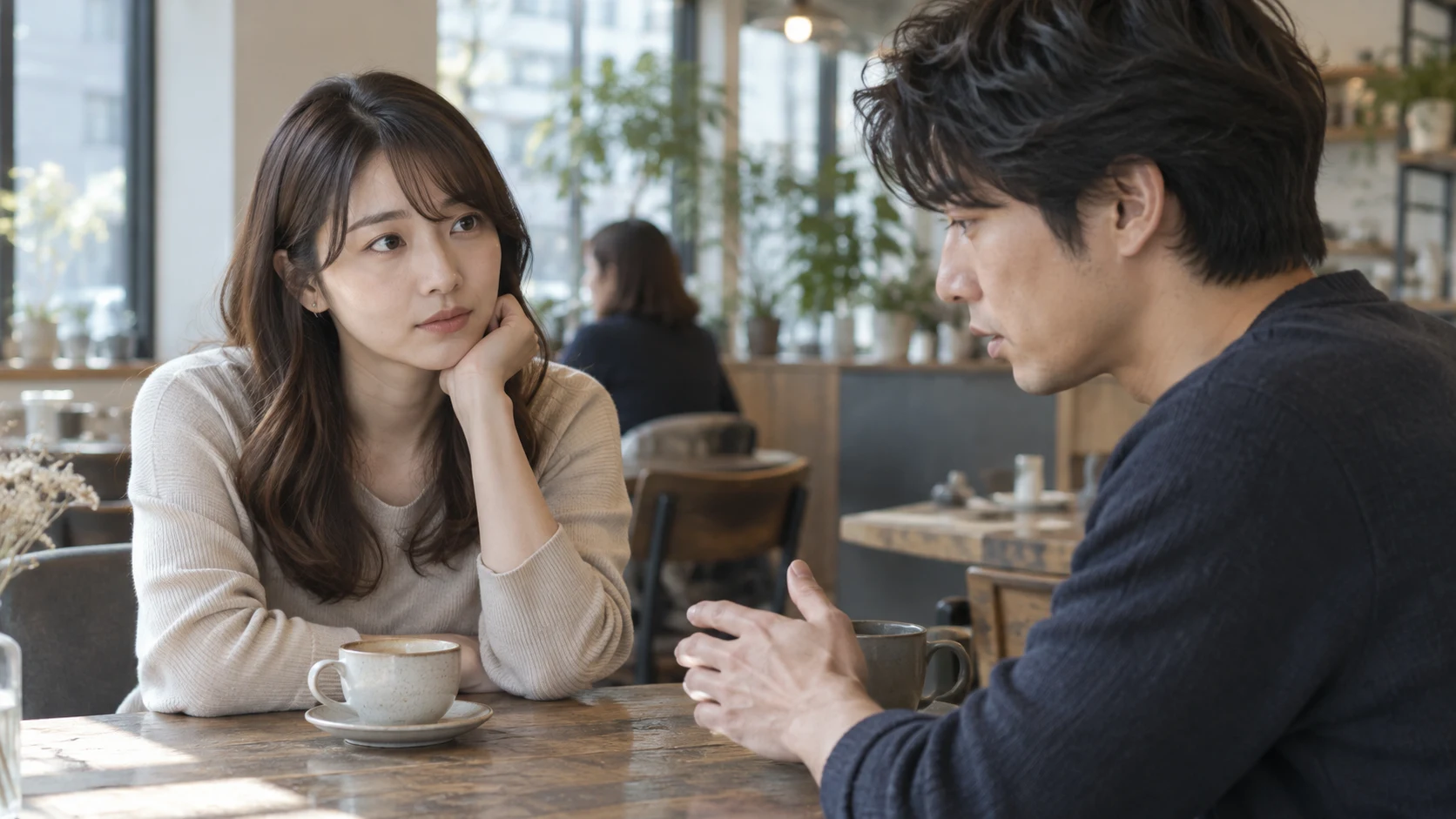 明るいカフェで落ち着いて話し合う男女