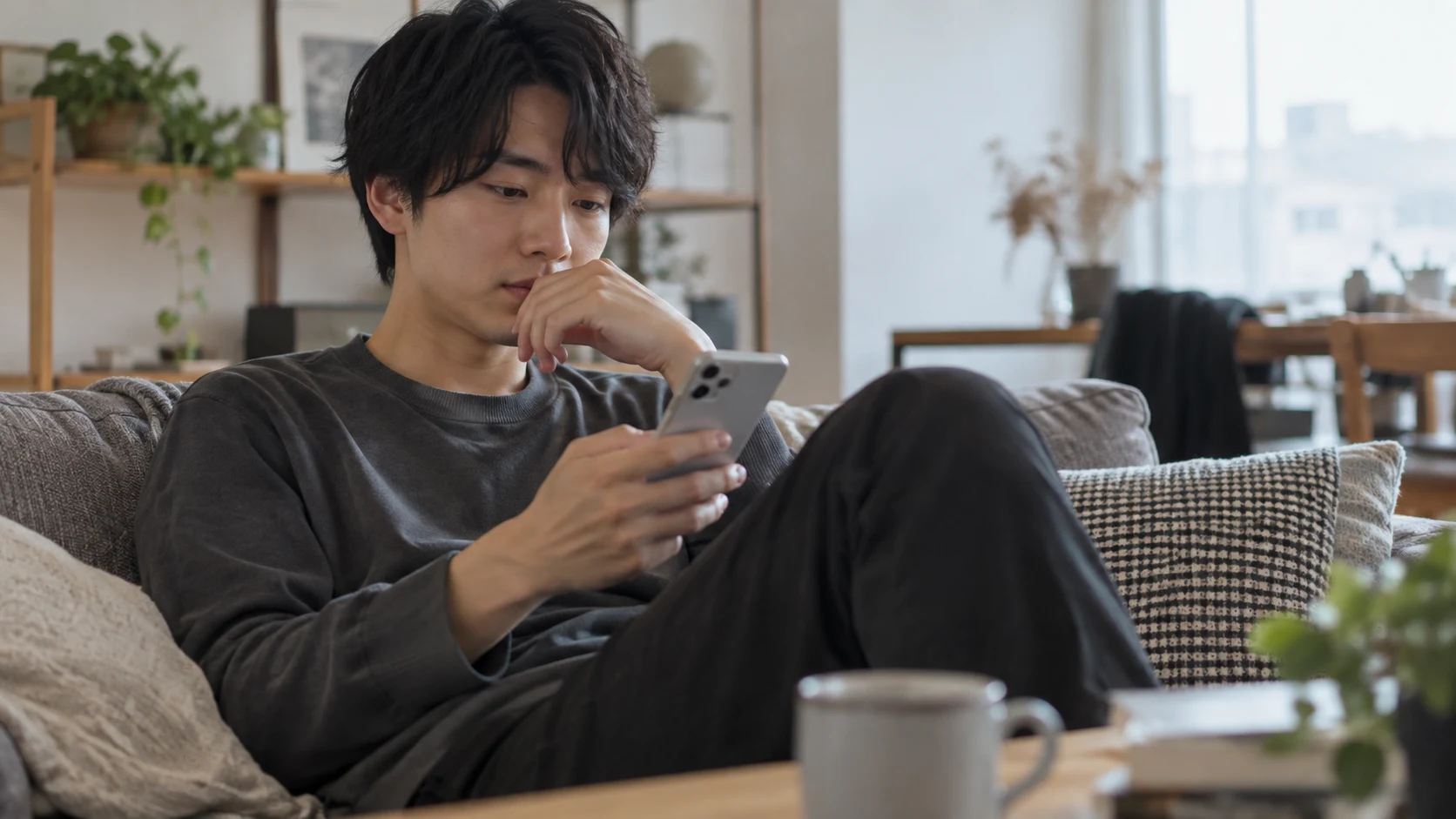 自宅で落ち着いて短いメッセージを考える男性