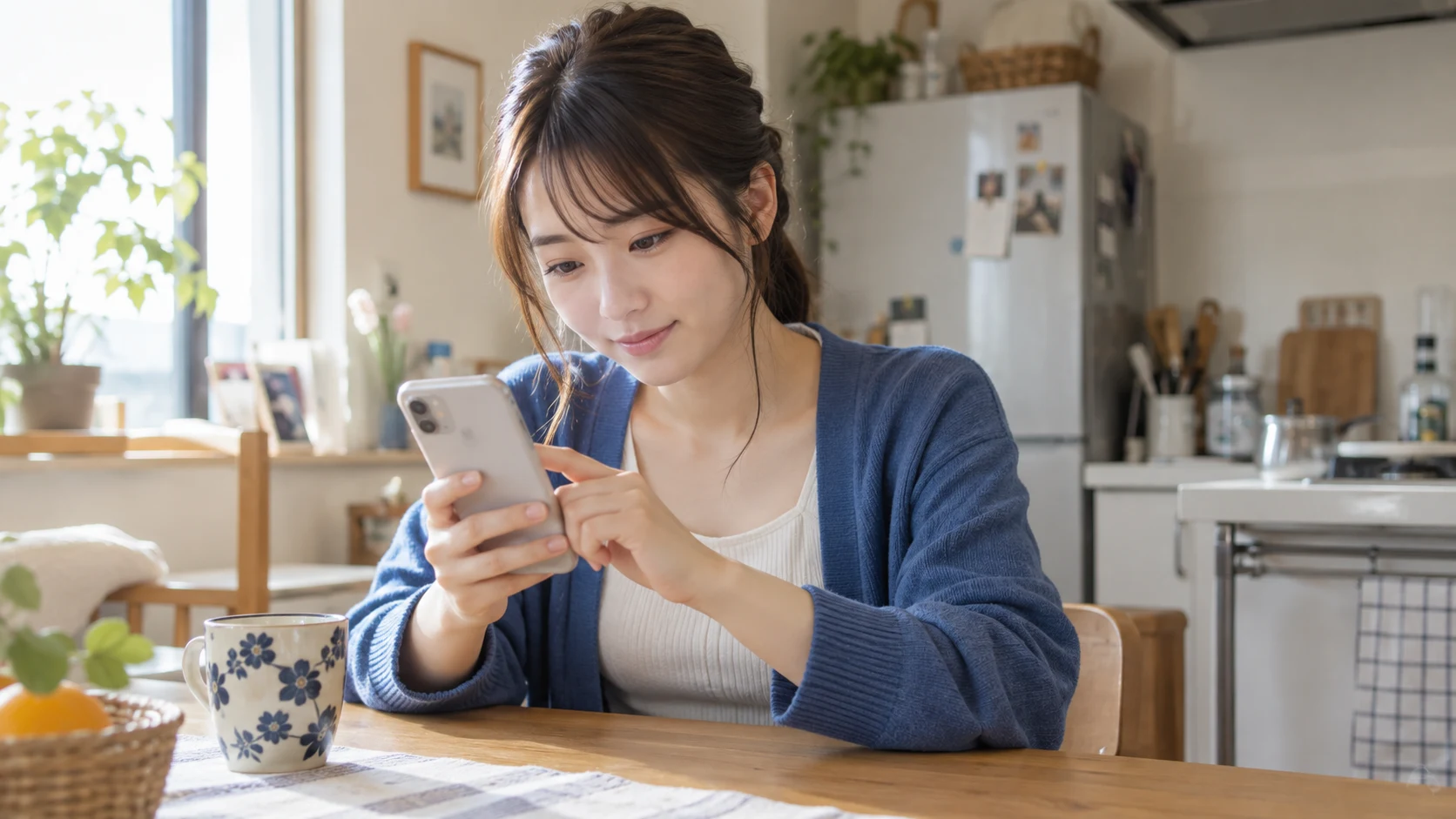 スマートフォンで短い返信を考える女性