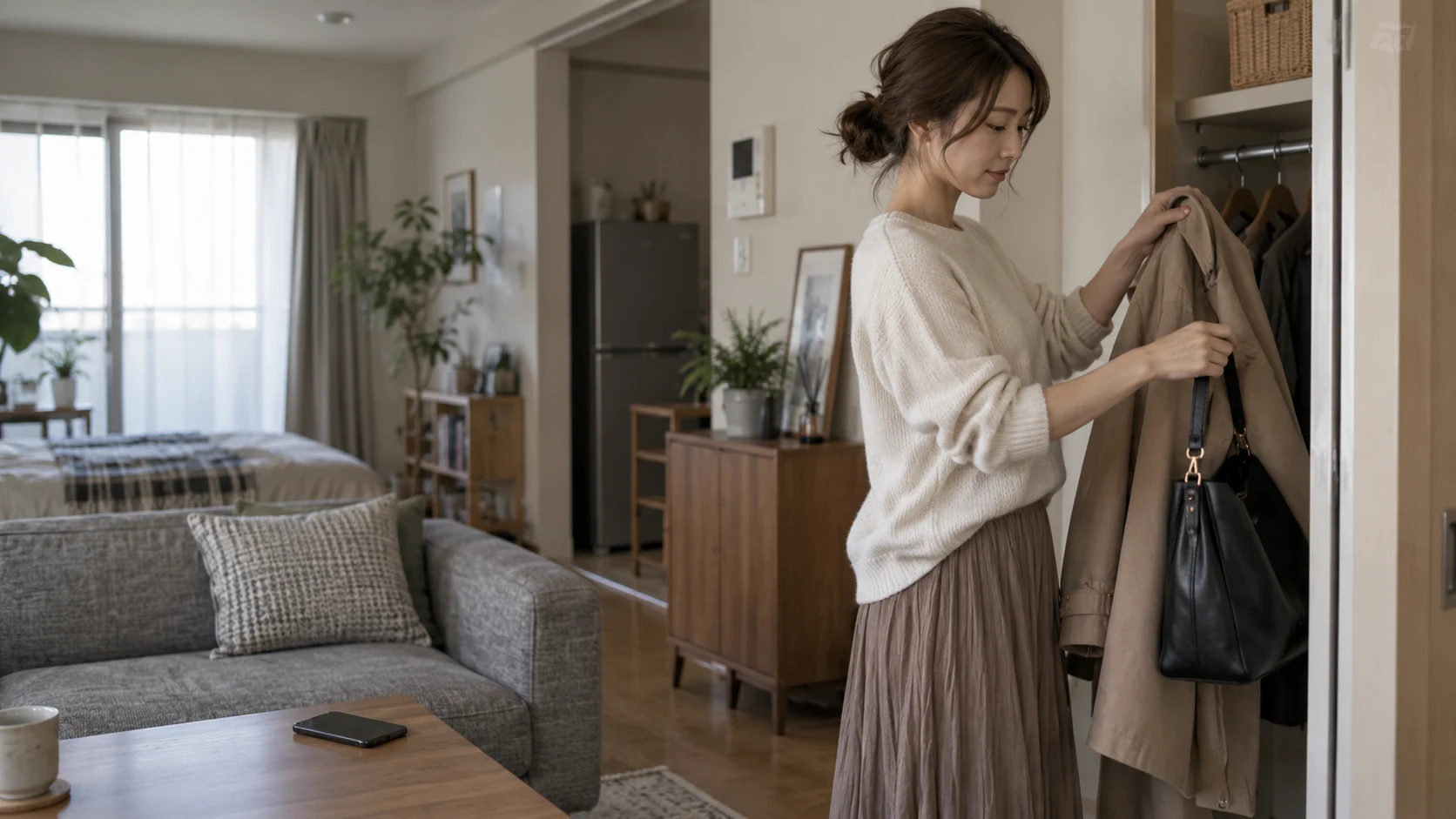外出の予定を変えてコートをしまう女性