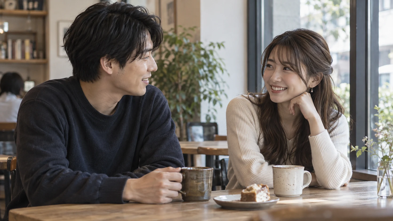 カフェで近況を話しながら笑顔を交わす男女