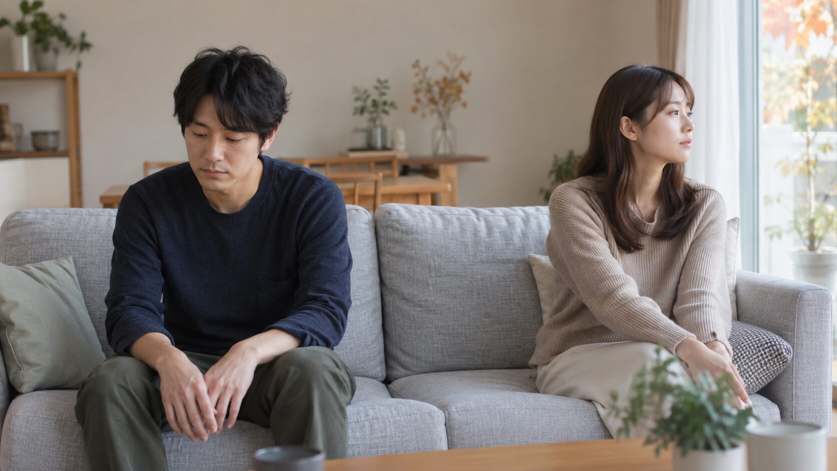 言い争いの後にソファで距離を置いて考える男女