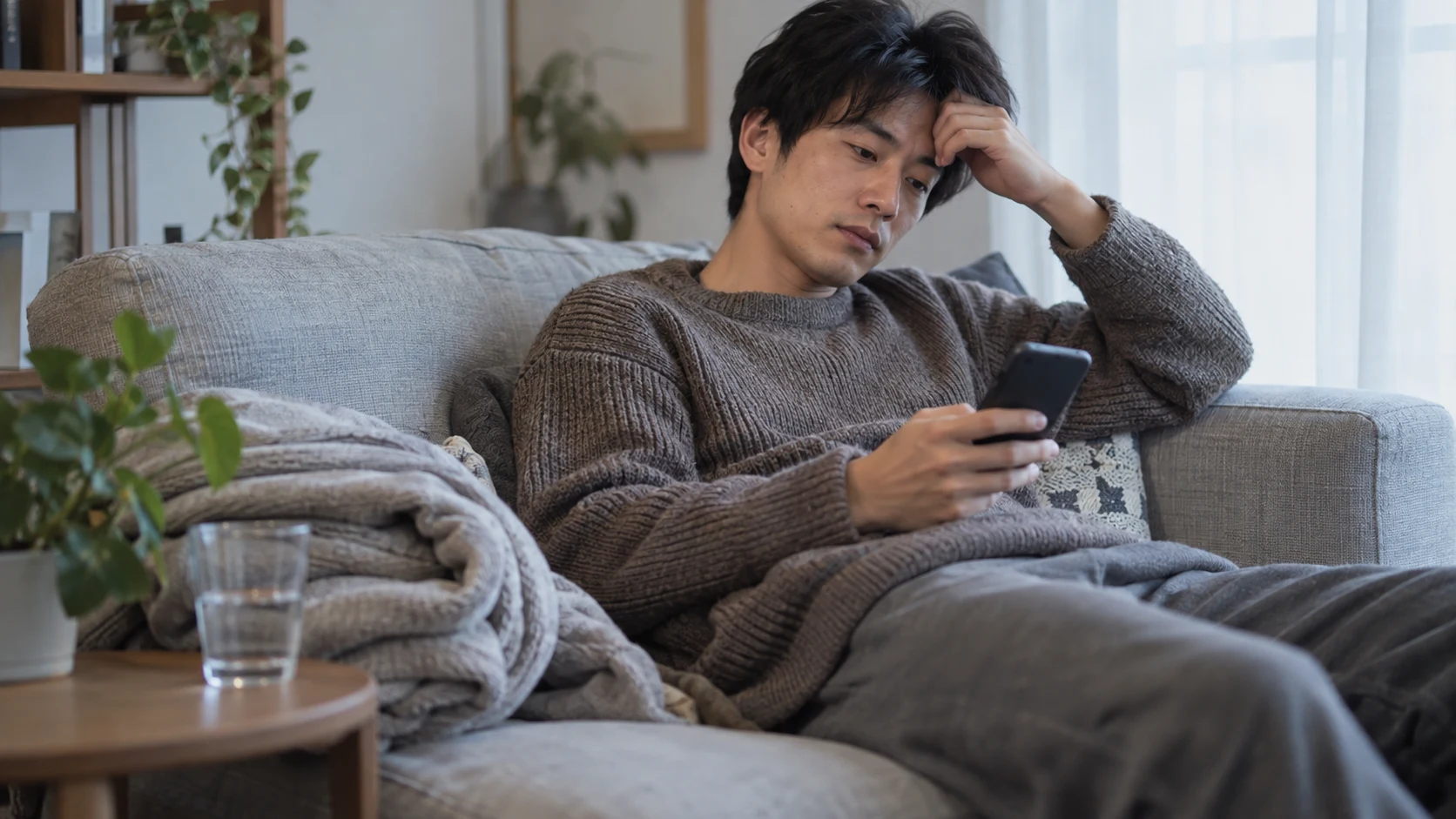 ソファで休みながらスマートフォンを確認する男性