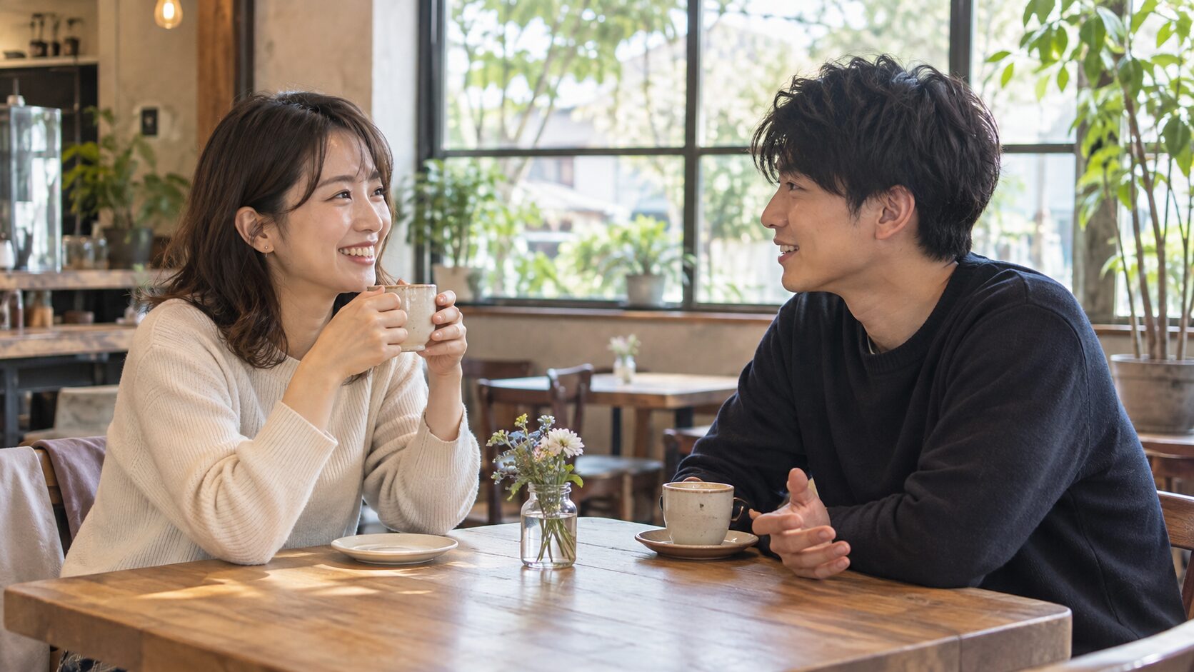 カフェで年上の女性に気持ちを伝えながら穏やかに会話する成人男性