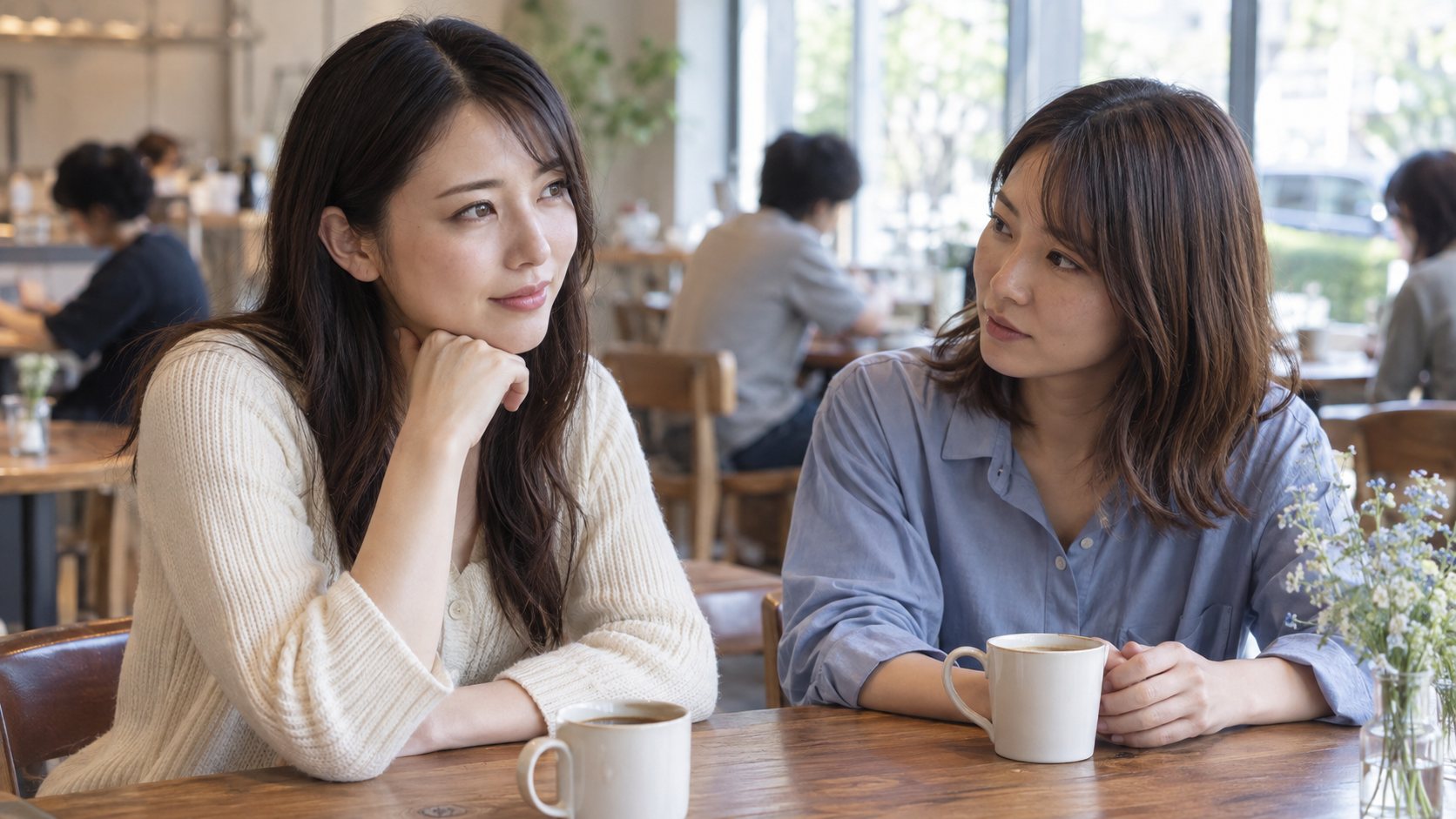 明るいカフェで信頼できる友人に気持ちを話す女性