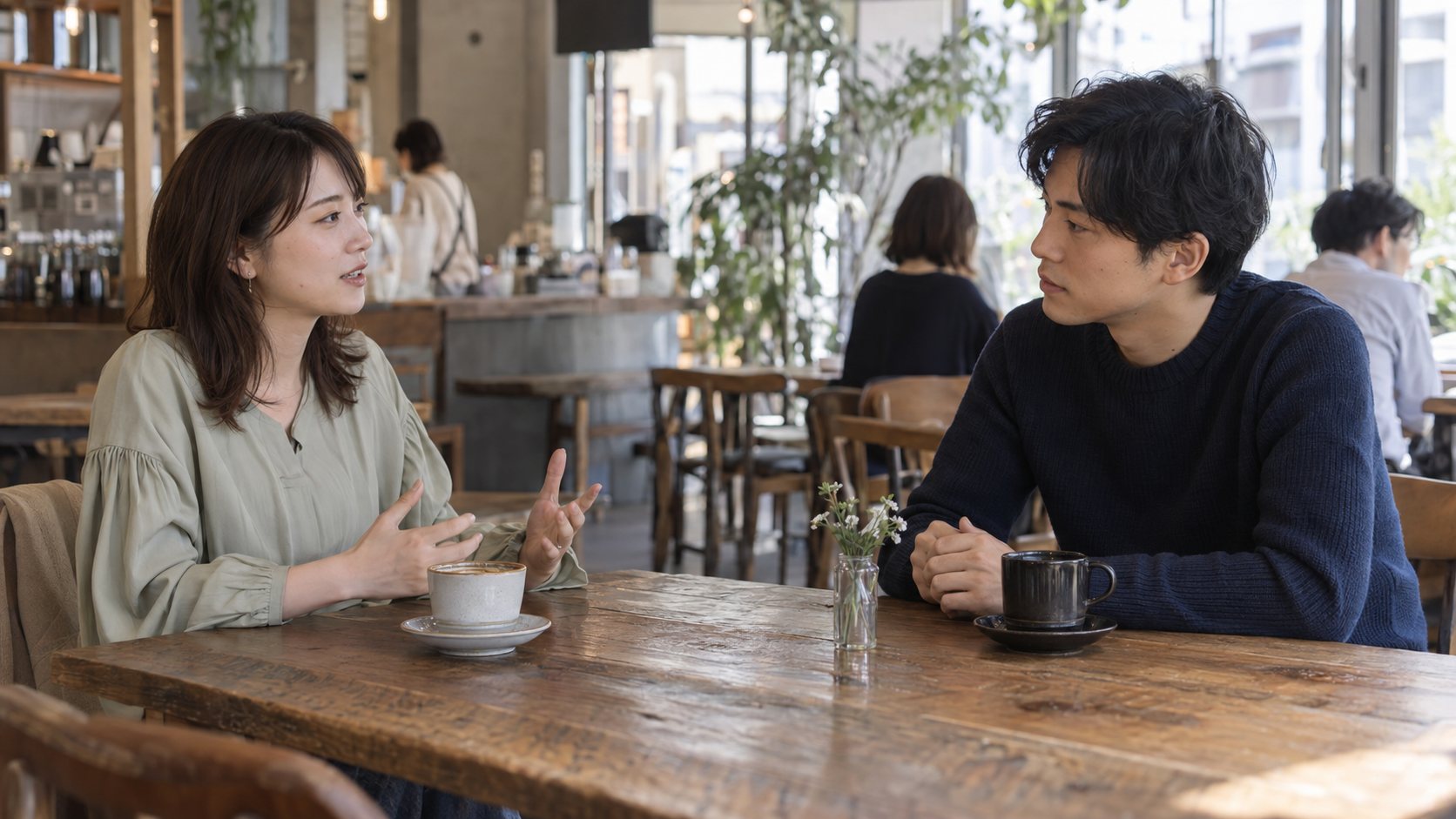 適度な距離を保ちながらカフェで会話する男女