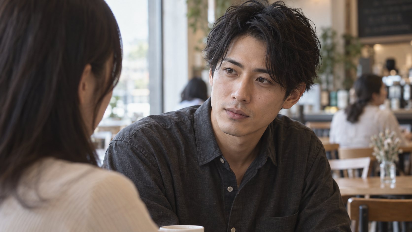 カフェで向かいの女性の話を真剣な表情で聞く男性