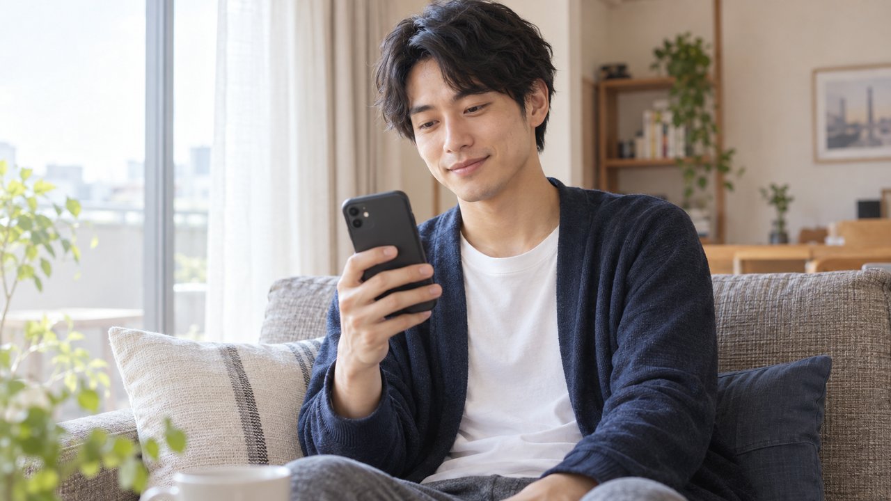 休日の窓際のソファでスマートフォンの返信を読み穏やかにほほ笑む男性