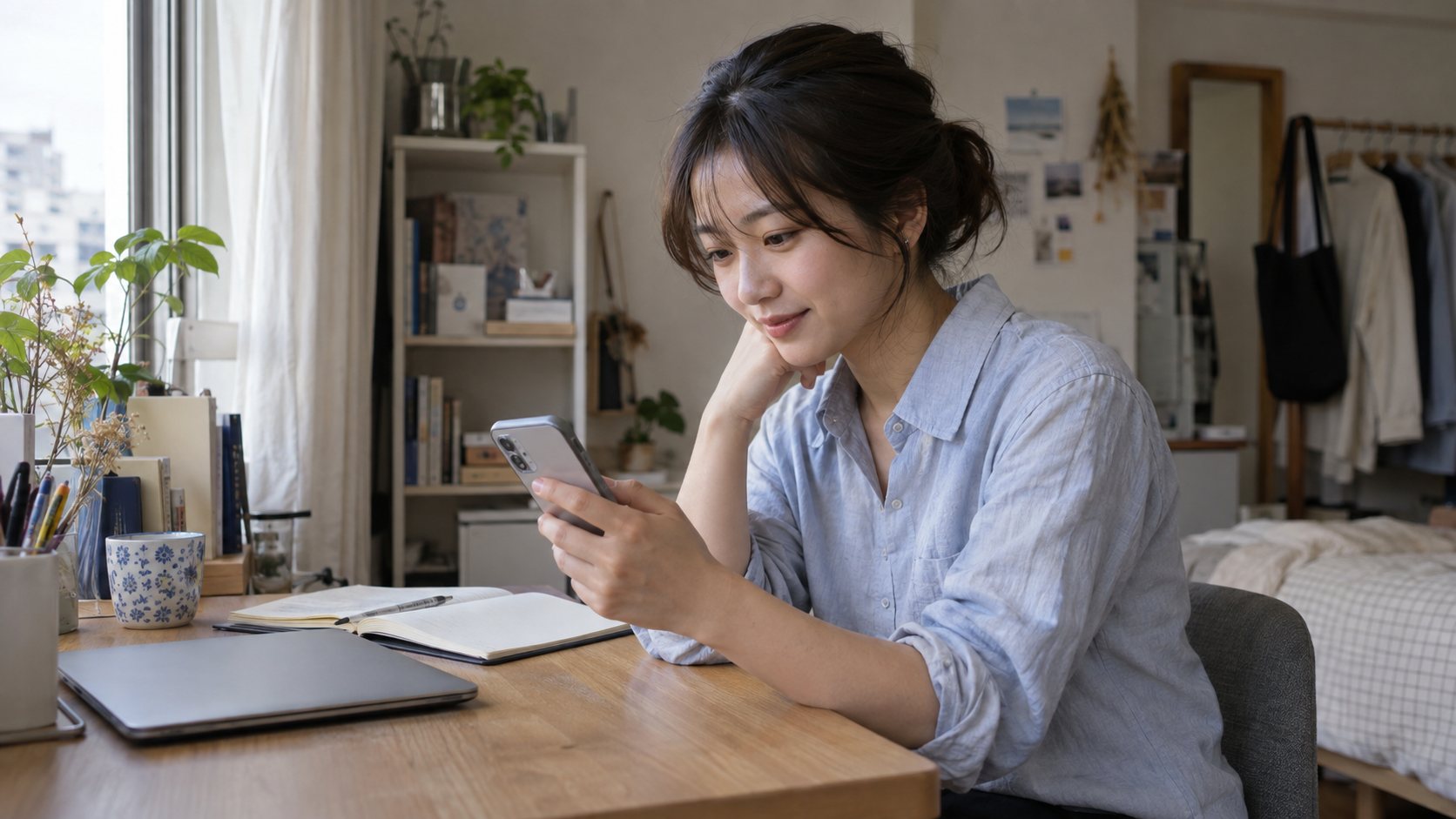 仕事の合間にデスクでスマートフォンを確認する女性