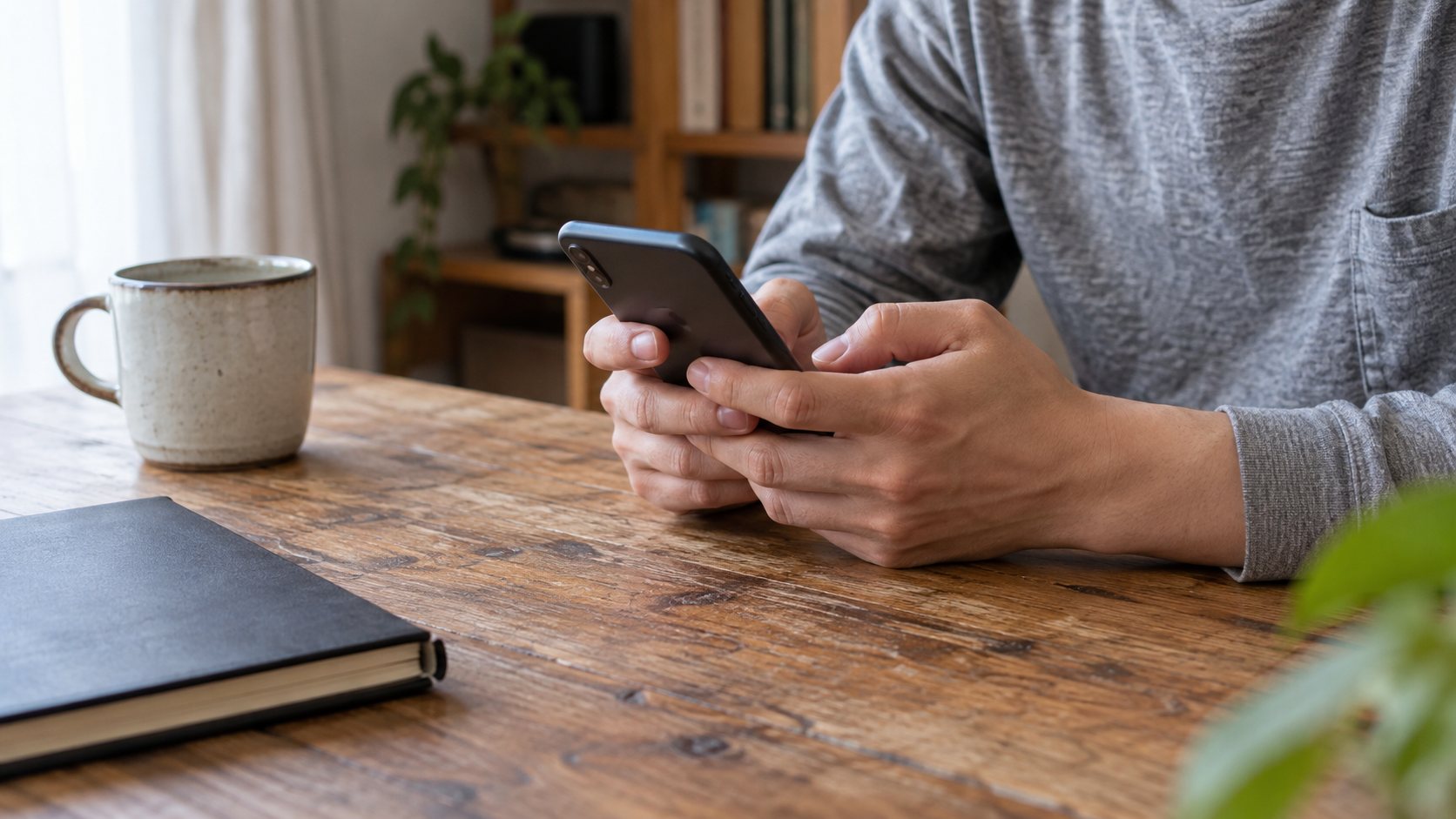 テーブルでスマートフォンの返信を考える男性の手元