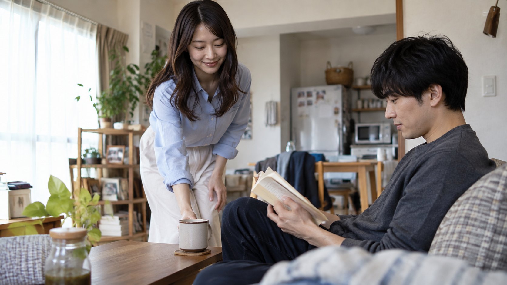日常の小さな気遣いで恋人を思いやる女性