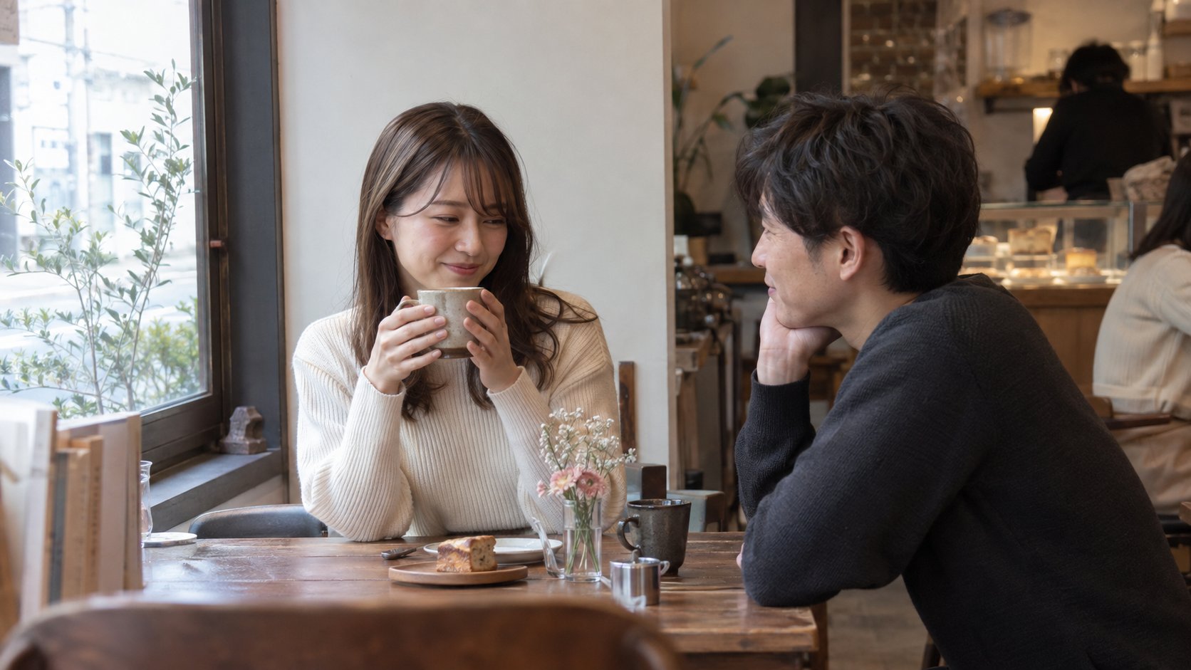 カフェで恋人と向き合い、少し照れながらカップを持つ女性