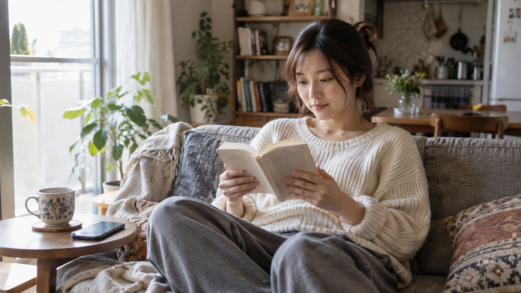 自宅のソファで一人の読書時間を過ごす女性