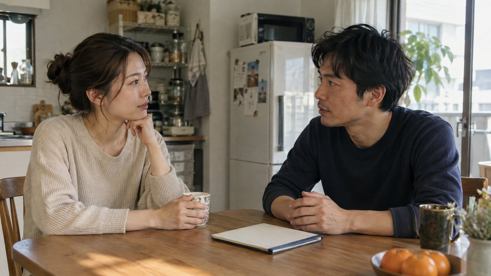 自宅のテーブルで落ち着いて話し合う男女