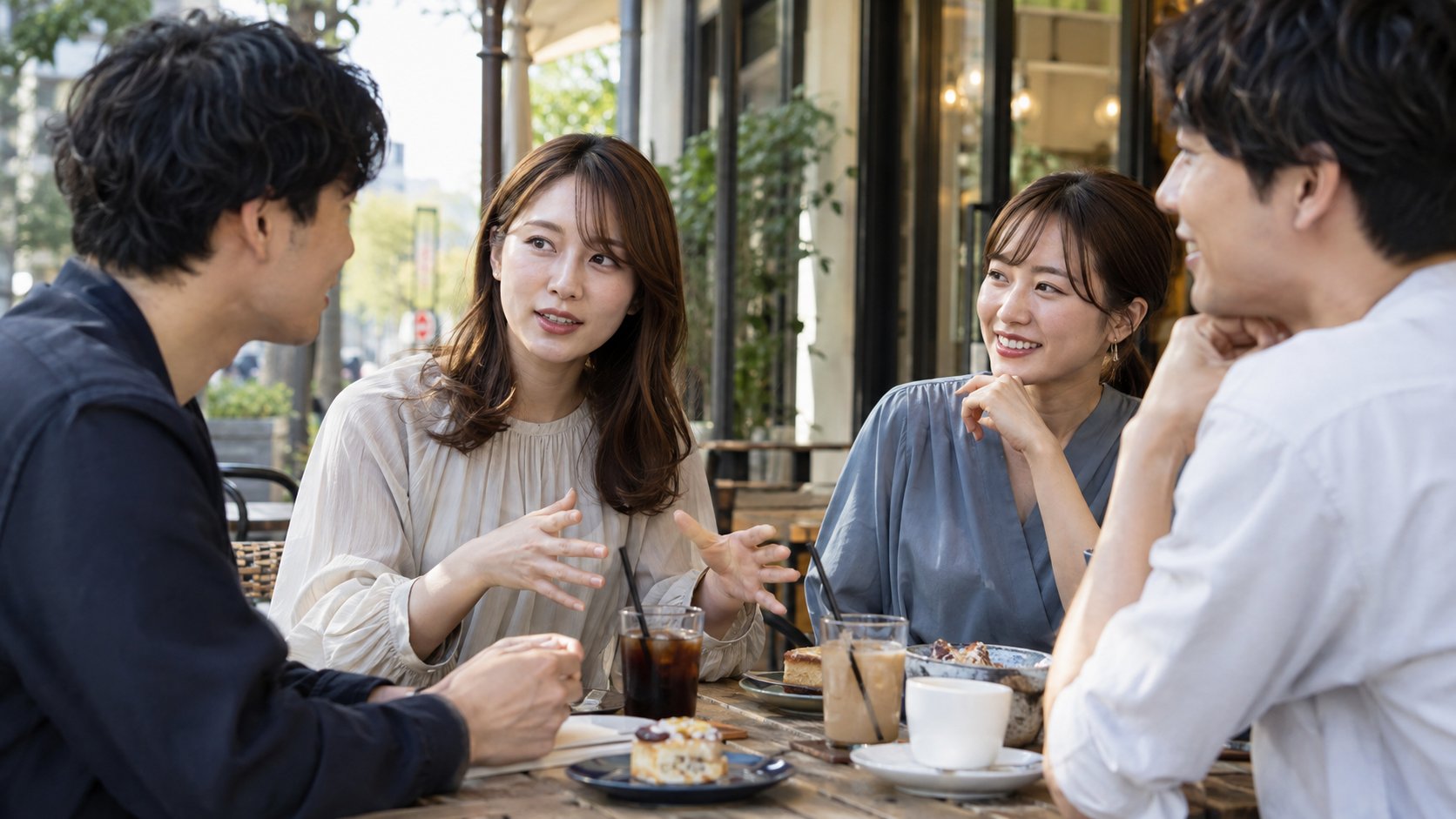友人同士の会話で、目の前の男性に話しかける女性