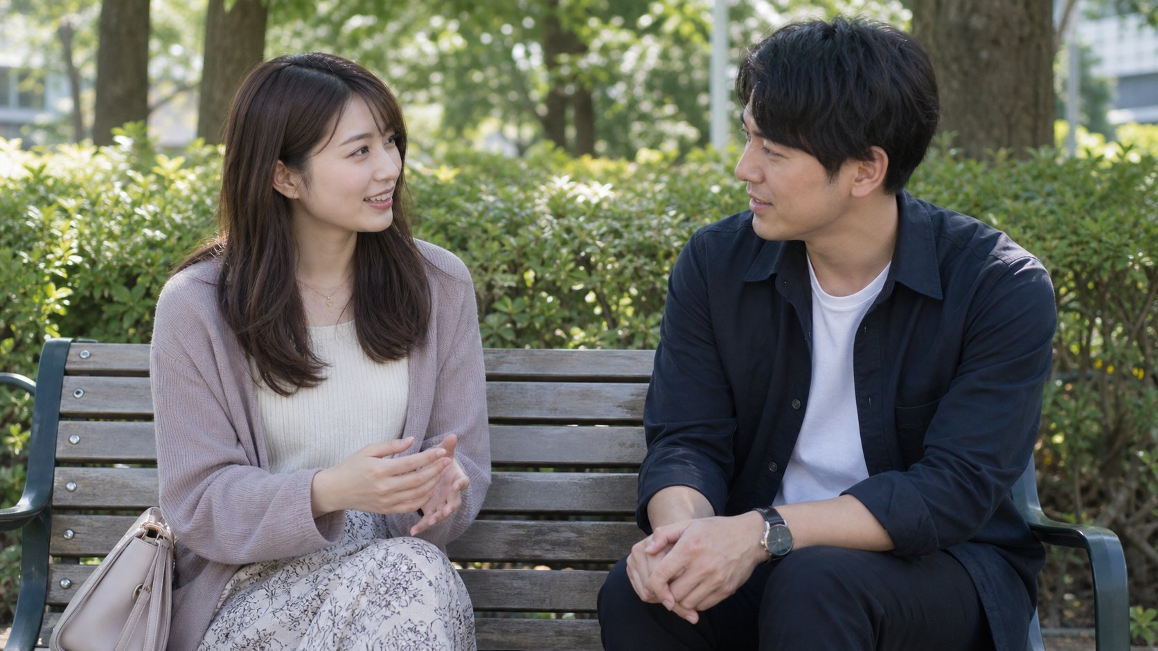 公園のベンチで、互いの話を穏やかに聞く男女